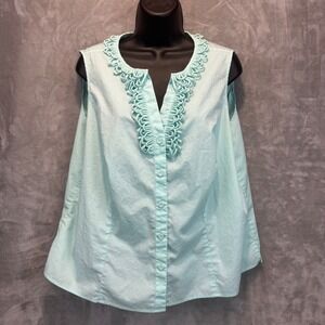 Talbots Mint Green Sleeveless Ruffle Neck Button Down Shirt 16W Woman Petites